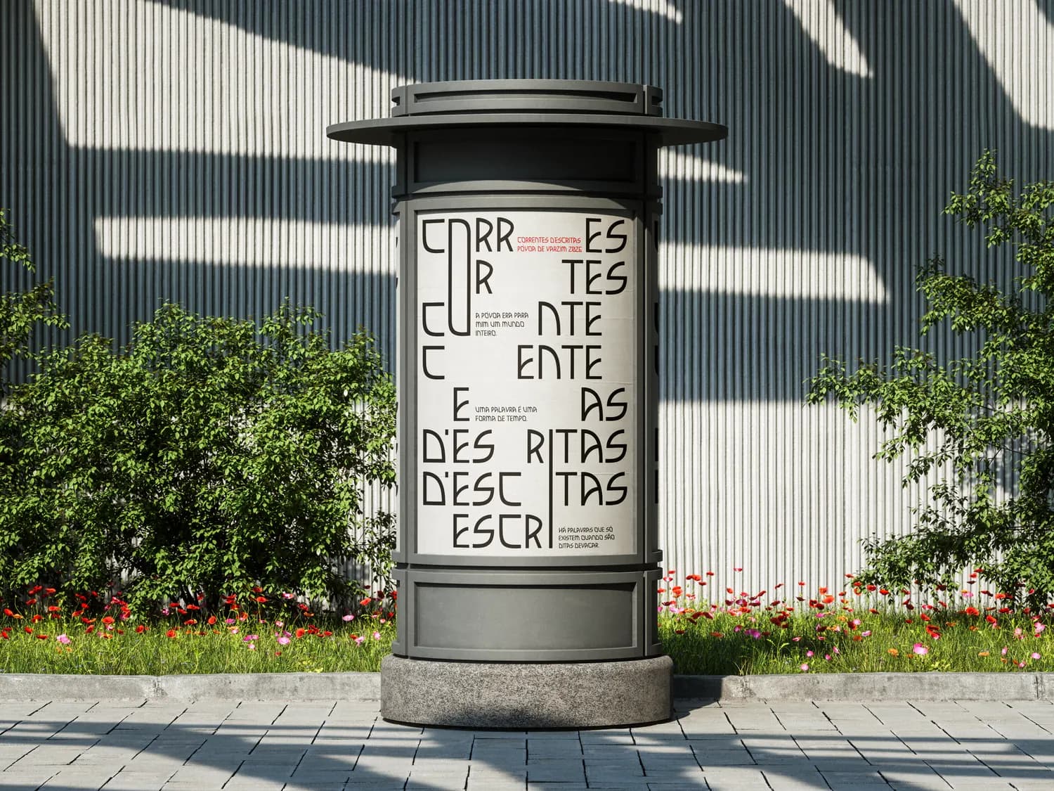 The poster on a street column, poppies and a corrugated wall behind it