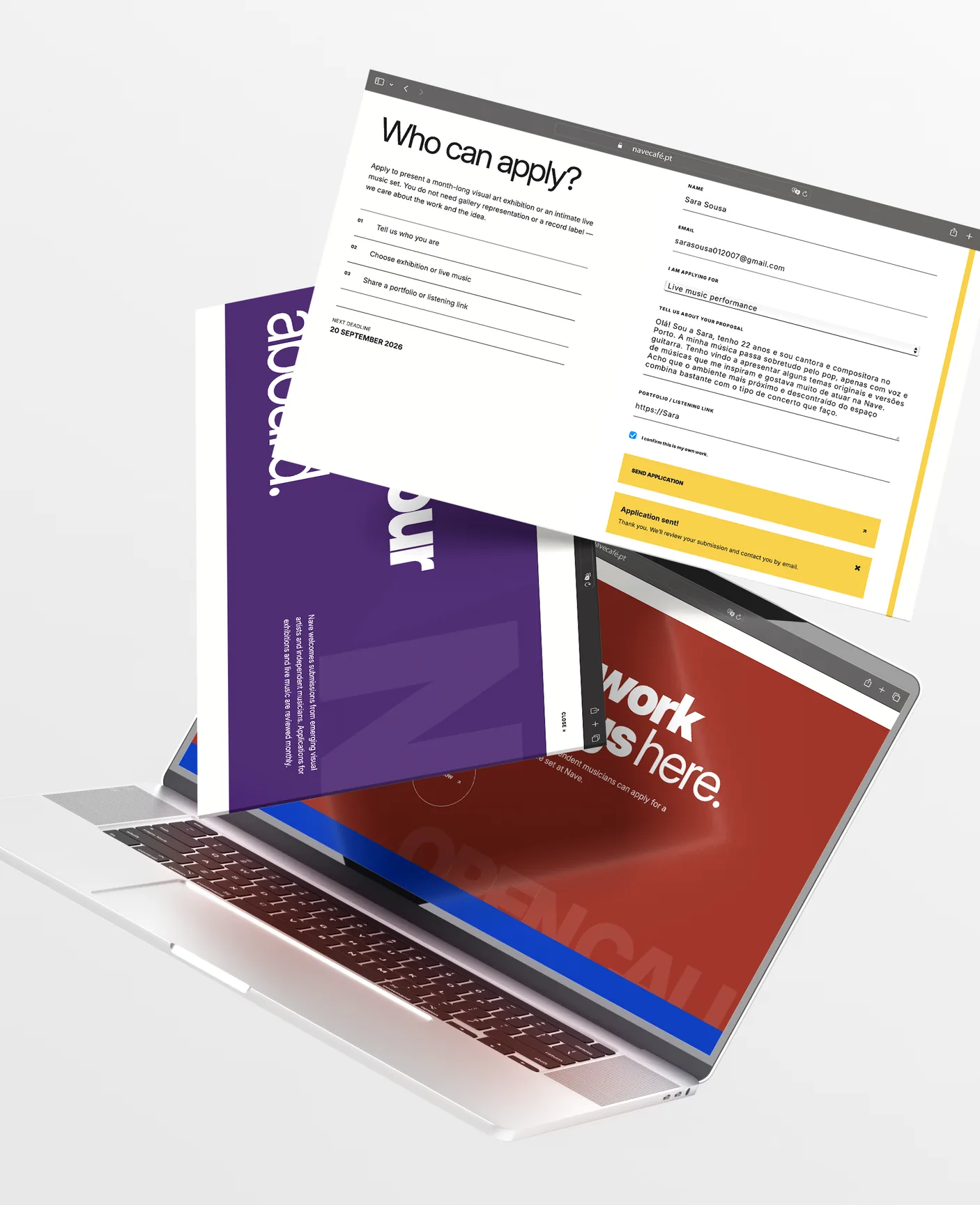 The open call pages, floating above a laptop