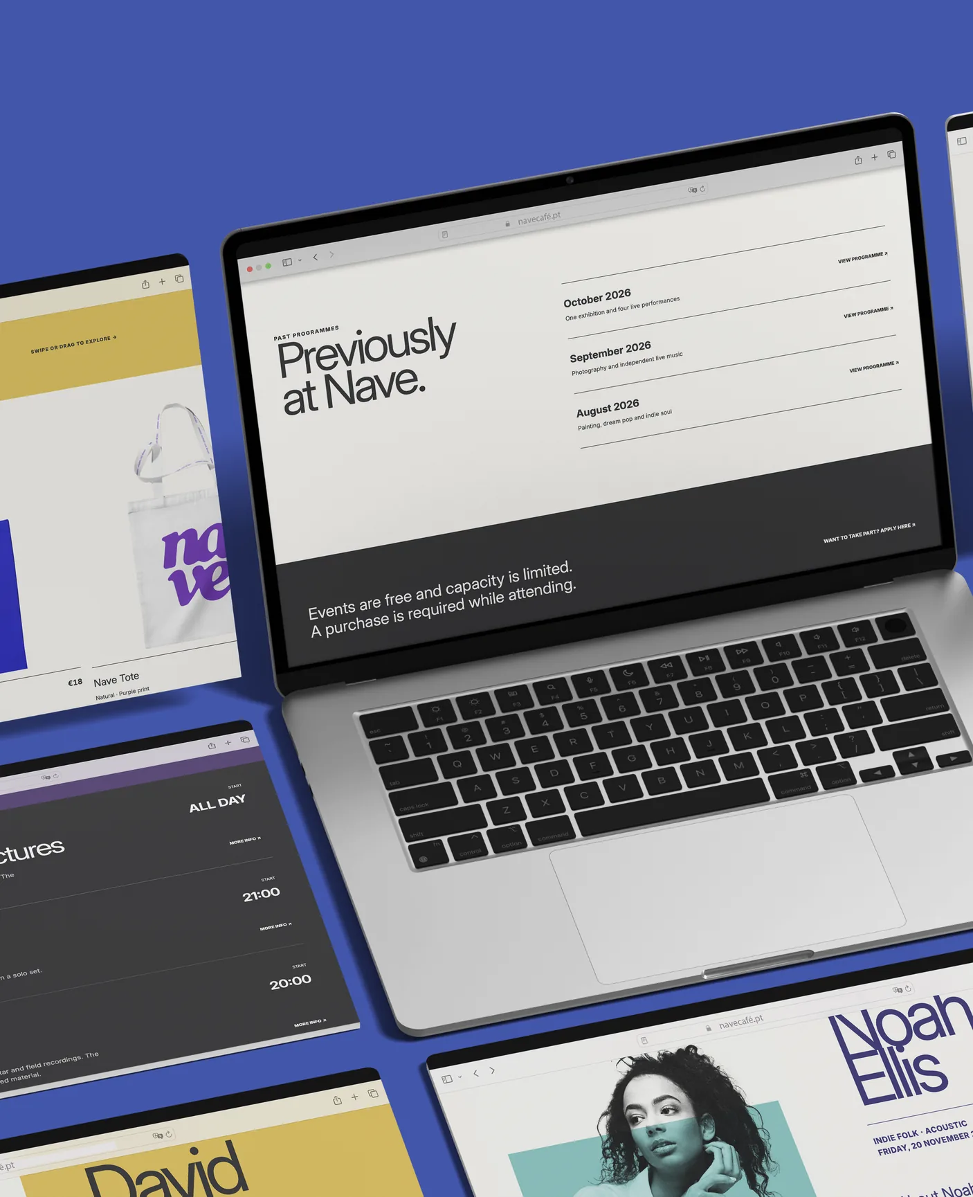 The site's pages arranged on a blue ground