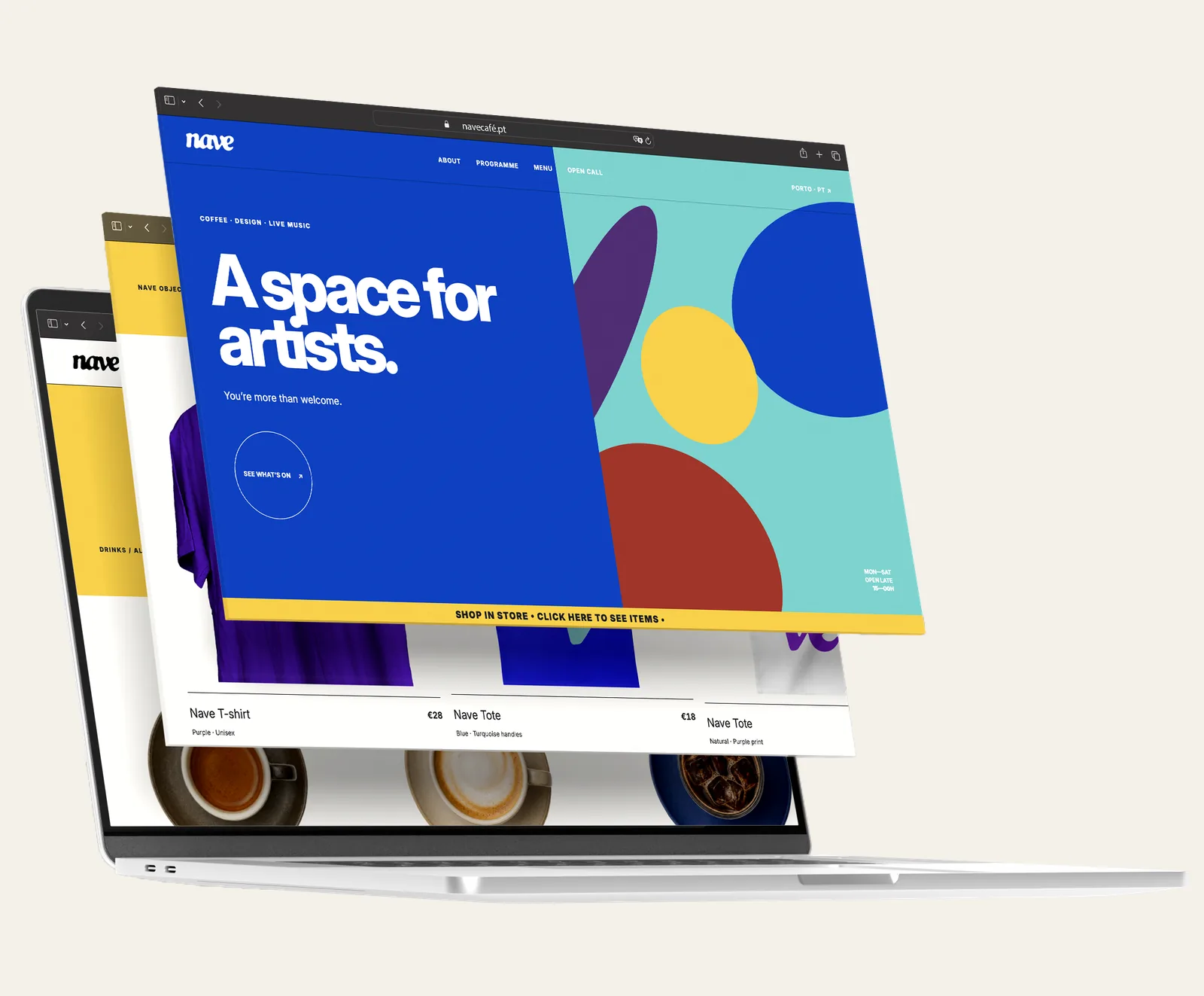The home page on a laptop, the store page showing behind it