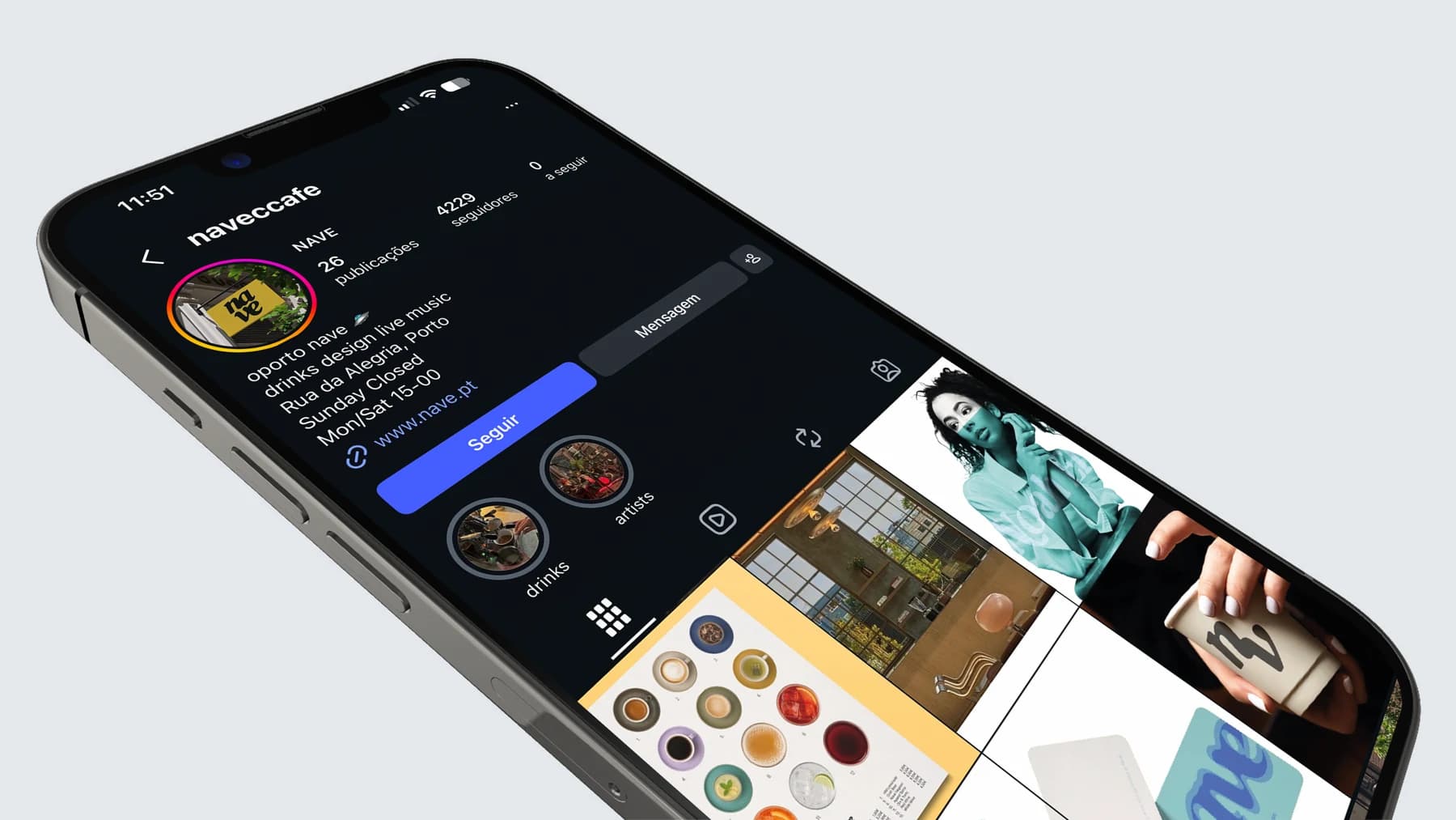 The café's Instagram profile on a phone