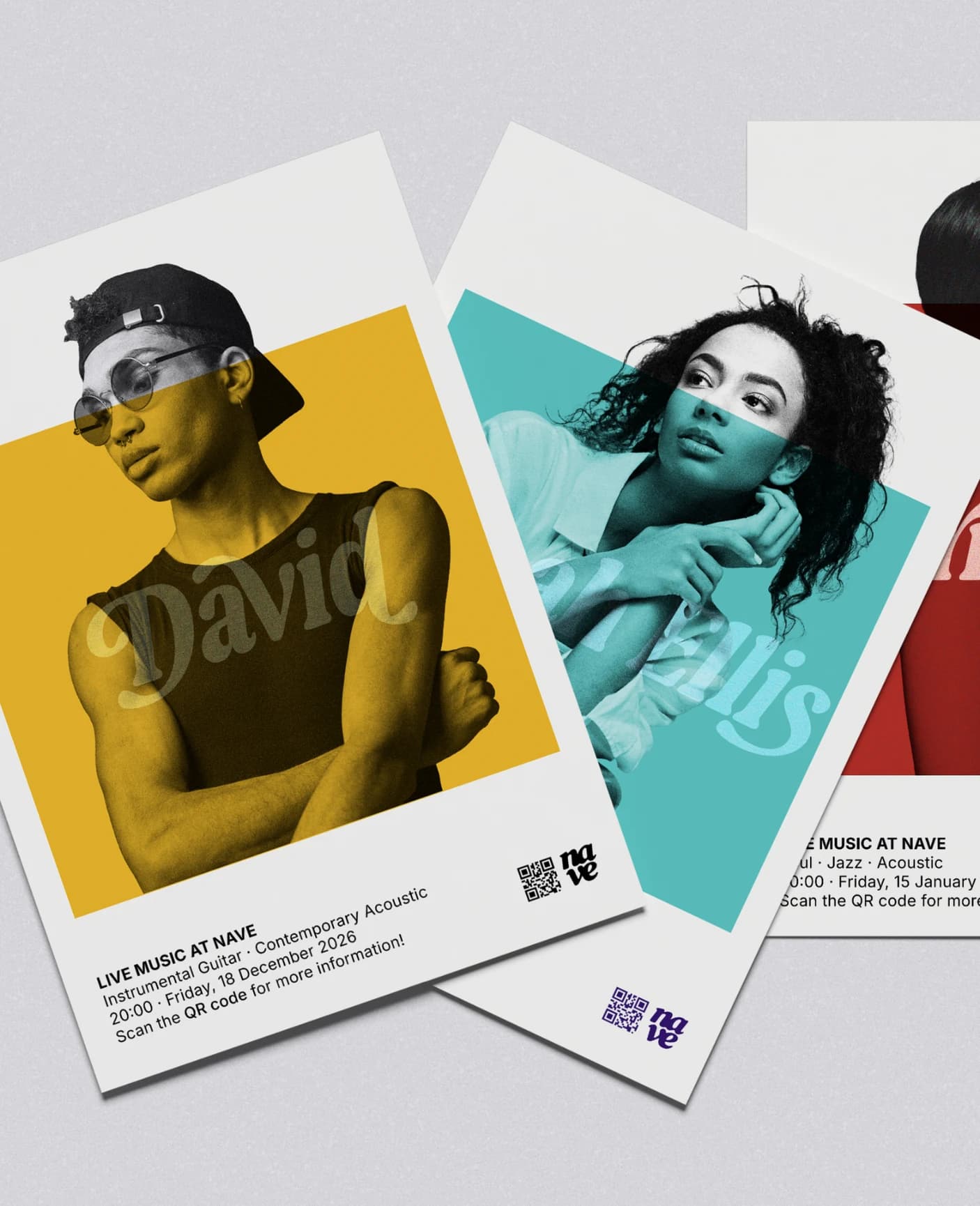 Three concert posters fanned out on grey, close