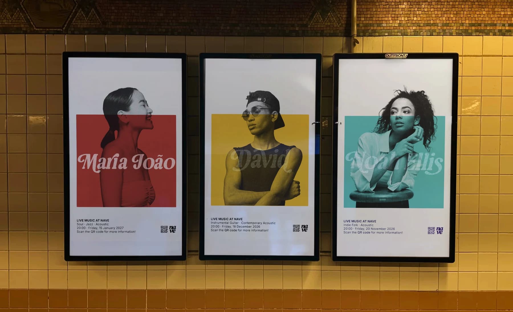 The three posters running as lightboxes along a tiled metro wall